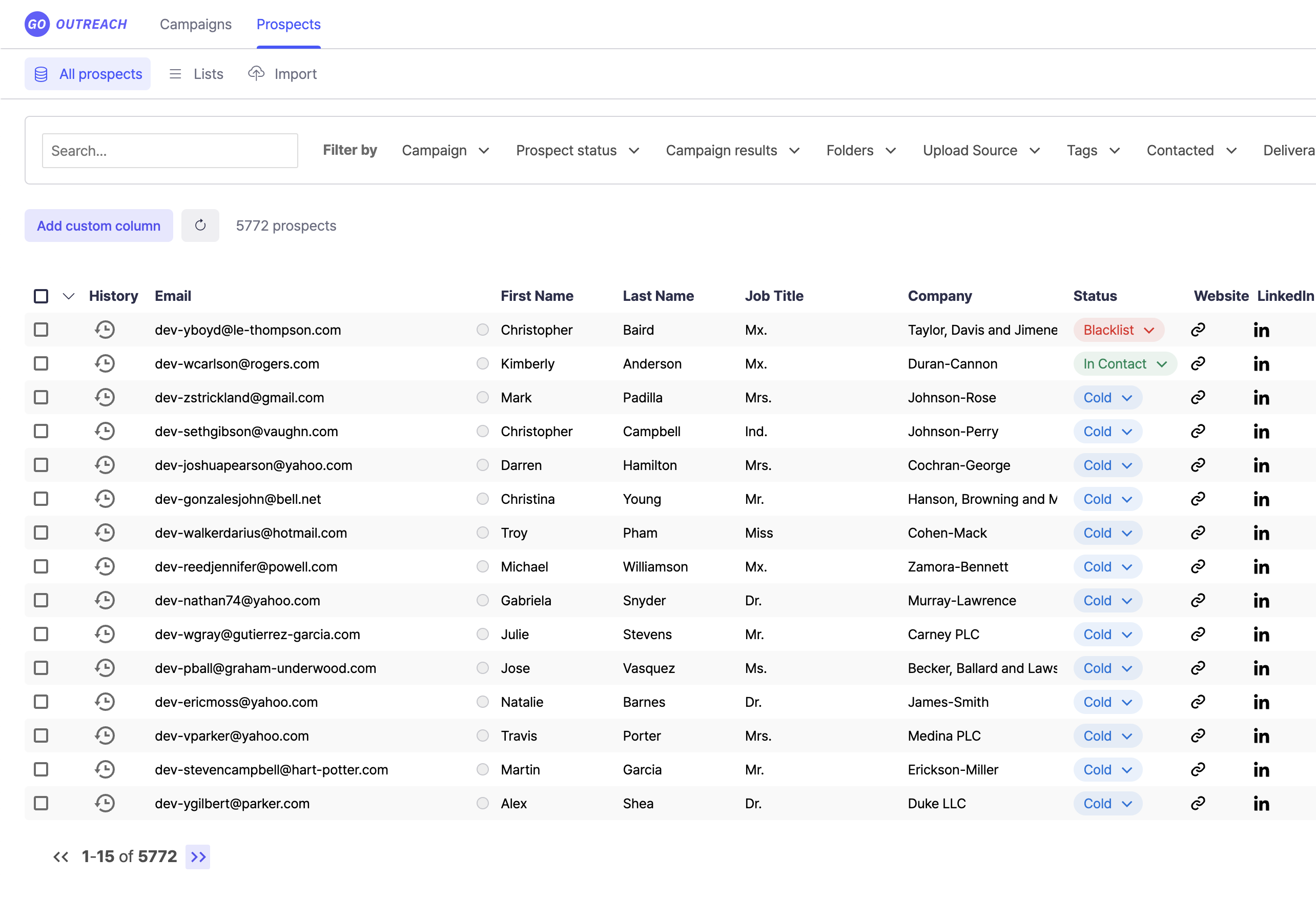 Go-Outreach CRM view